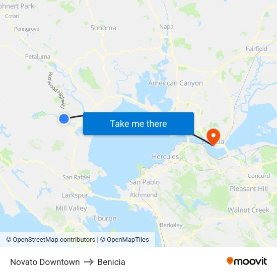 Novato Downtown to Benicia map
