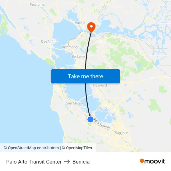 Palo Alto Transit Center to Benicia map