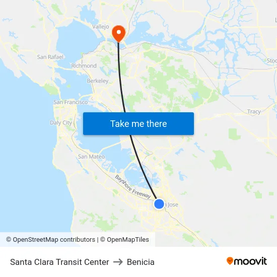 Santa Clara Transit Center to Benicia map