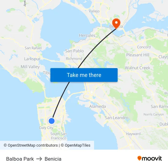Balboa Park to Benicia map
