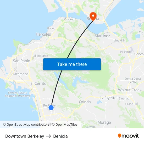 Downtown Berkeley to Benicia map