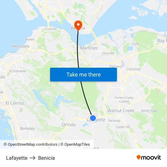 Lafayette to Benicia map