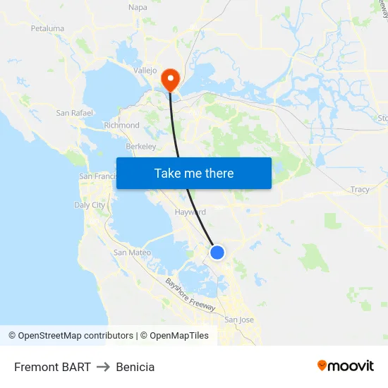 Fremont BART to Benicia map