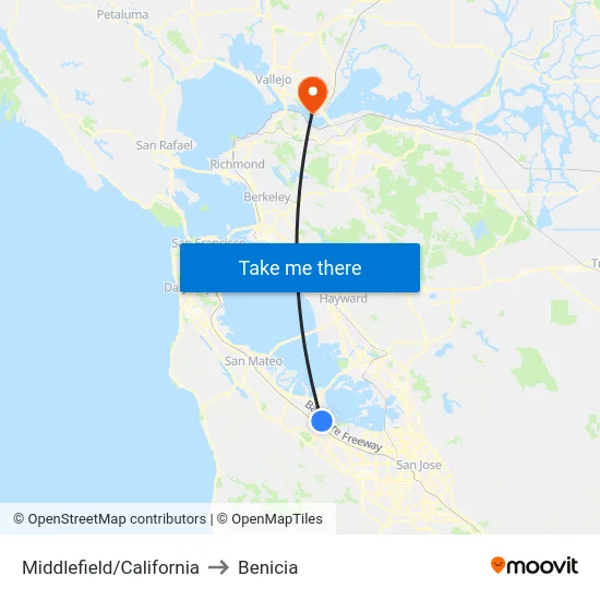 Middlefield/California to Benicia map