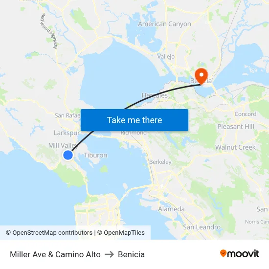 Miller Ave & Camino Alto to Benicia map