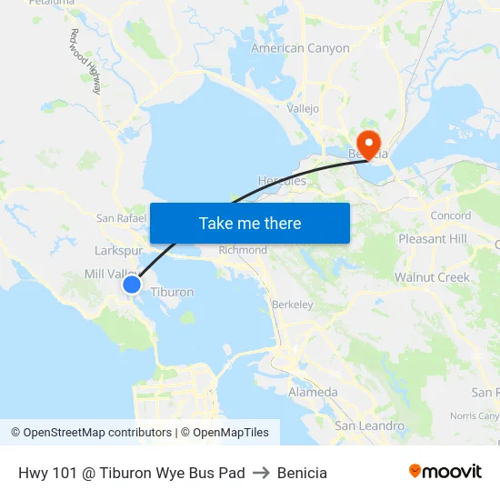 Hwy 101 @ Tiburon Wye Bus Pad to Benicia map