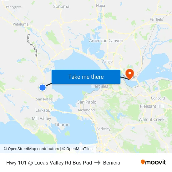 Hwy 101 @ Lucas Valley Rd Bus Pad to Benicia map