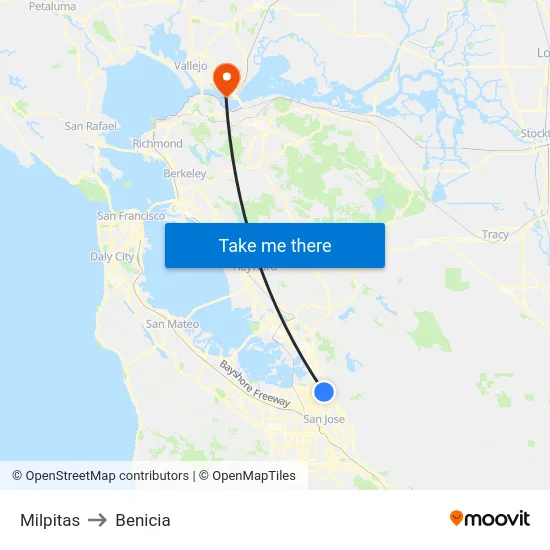 Milpitas to Benicia map