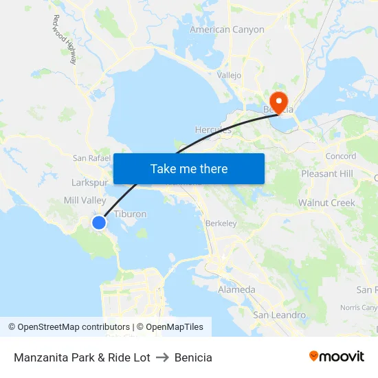 Manzanita Park & Ride Lot to Benicia map