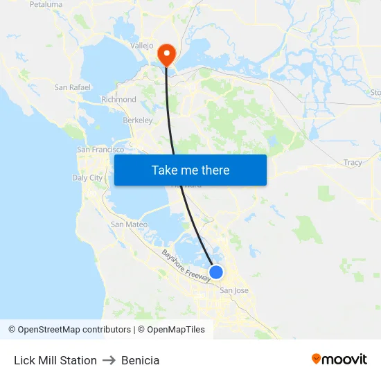 Lick Mill Station to Benicia map