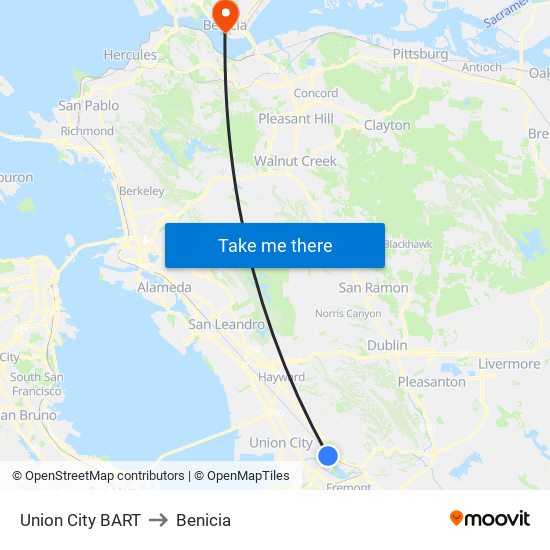 Union City BART to Benicia map