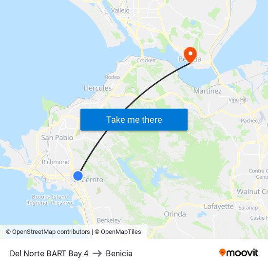 Del Norte BART Bay 4 to Benicia map