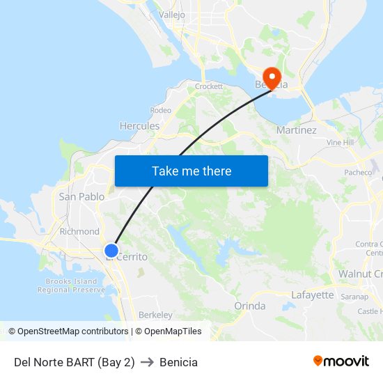 Del Norte BART (Bay 2) to Benicia map