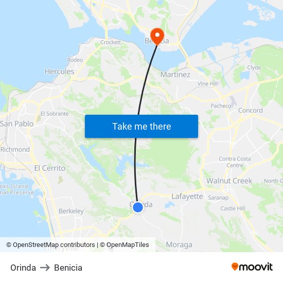 Orinda to Benicia map