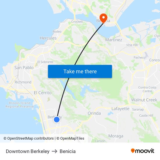 Downtown Berkeley to Benicia map