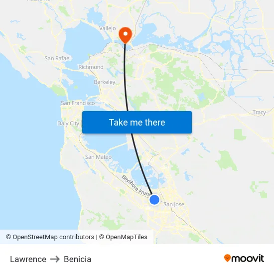 Lawrence to Benicia map