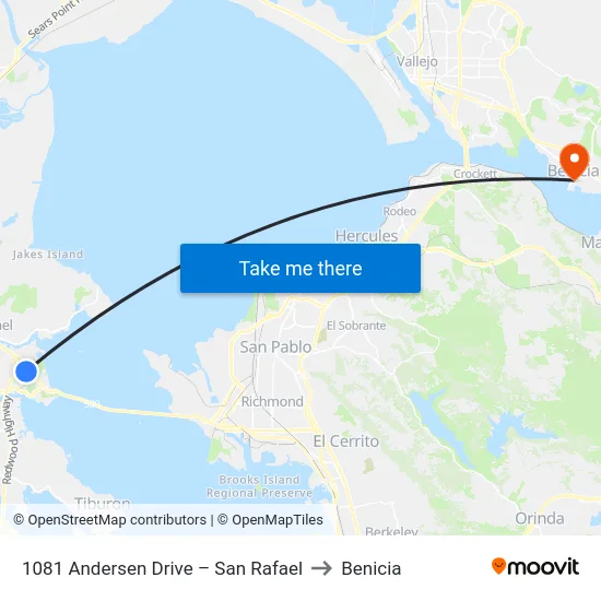 1081 Andersen Drive – San Rafael to Benicia map