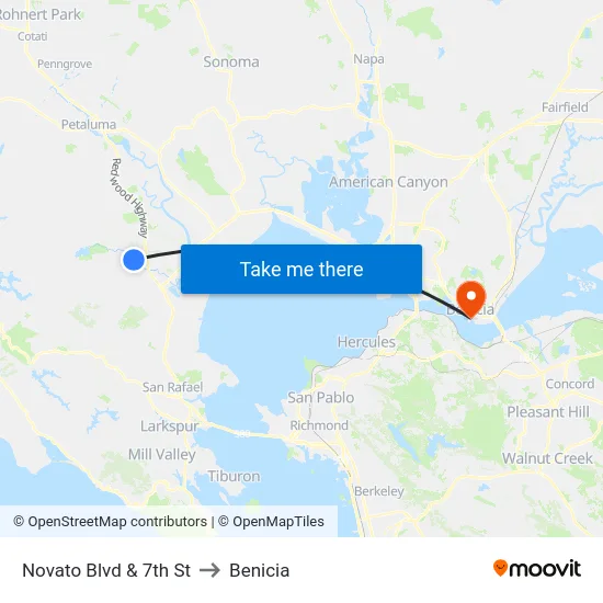 Novato Blvd & 7th St to Benicia map