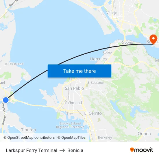 Larkspur to Benicia map