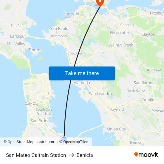 San Mateo Caltrain Station to Benicia map