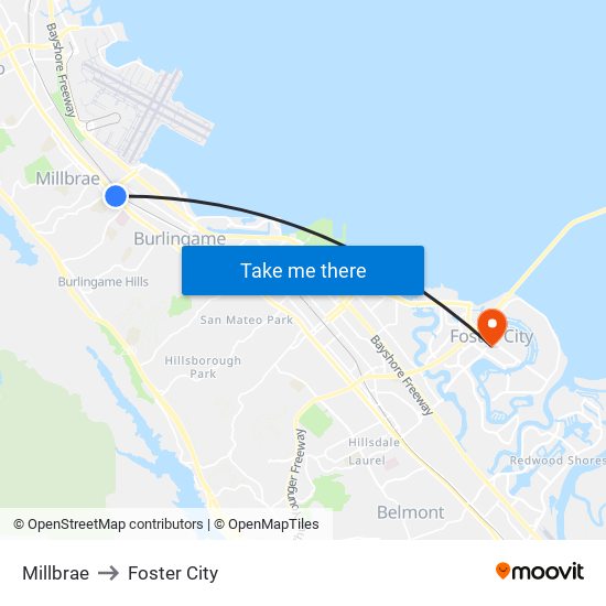 Millbrae to Foster City map