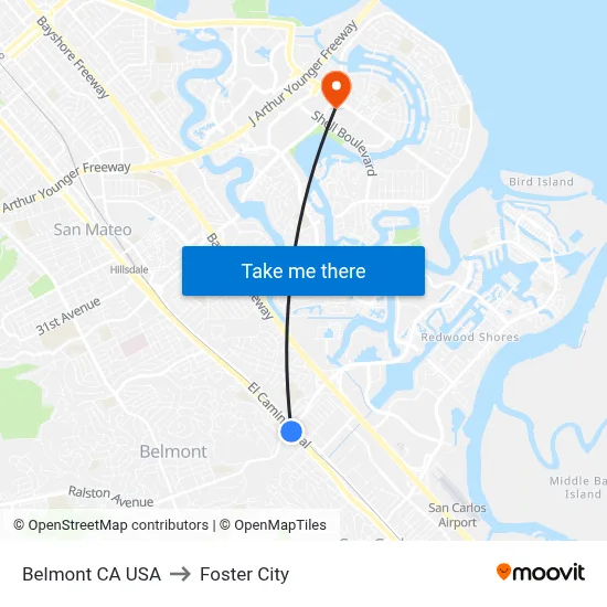 Belmont CA USA to Foster City map
