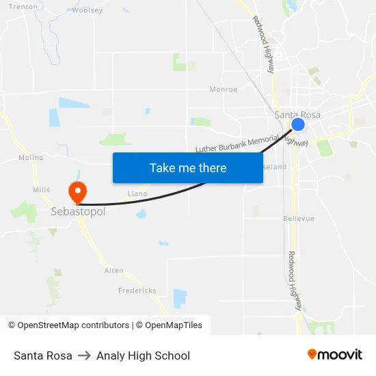 Santa Rosa to Analy High School map
