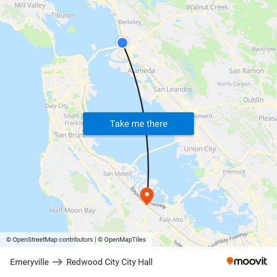 Emeryville to Redwood City City Hall map