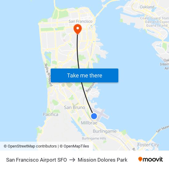 San Francisco Airport SFO to Mission Dolores Park map