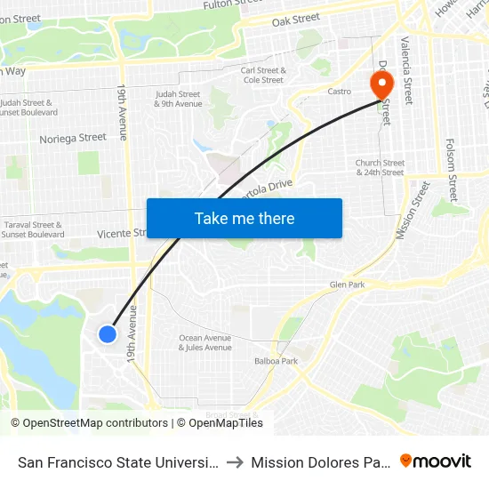 San Francisco State University to Mission Dolores Park map