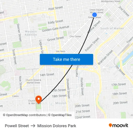 Powell Street to Mission Dolores Park map