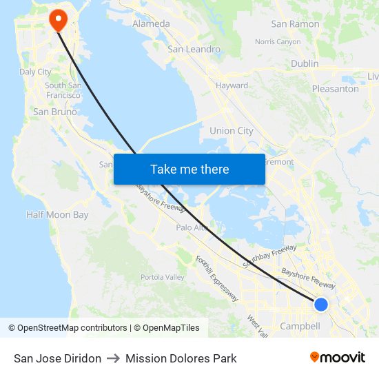 San Jose Diridon to Mission Dolores Park map