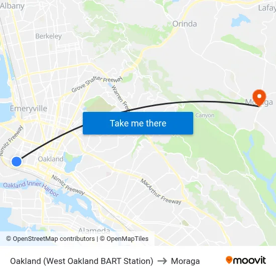 Oakland (West Oakland BART Station) to Moraga map