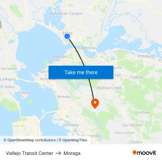 Vallejo Transit Center to Moraga map