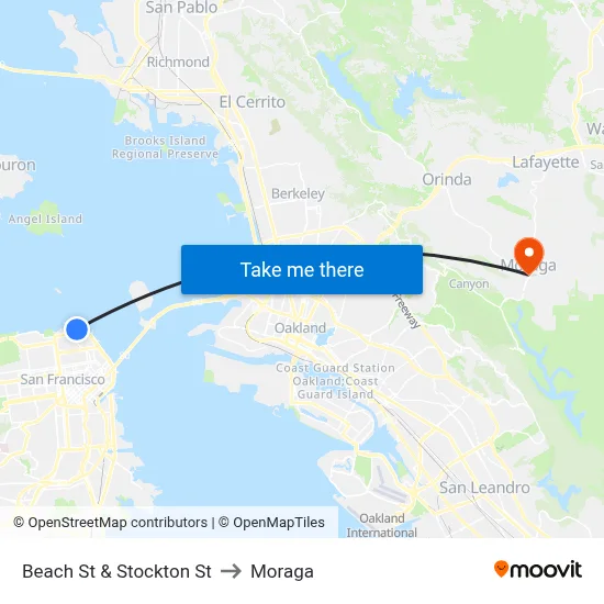 Beach St & Stockton St to Moraga map