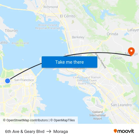 6th Ave & Geary Blvd to Moraga map