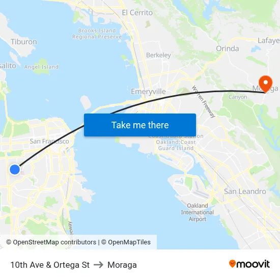 10th Ave & Ortega St to Moraga map