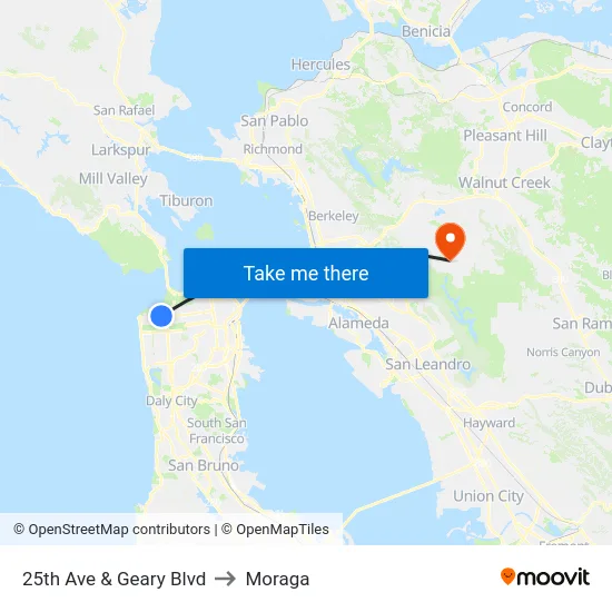 25th Ave & Geary Blvd to Moraga map