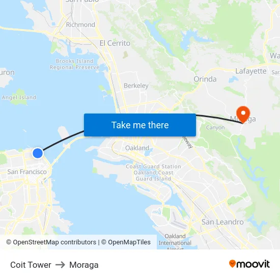 Coit Tower to Moraga map