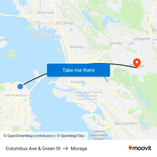 Columbus Ave & Green St to Moraga map