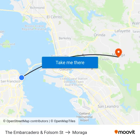 The Embarcadero & Folsom St to Moraga map