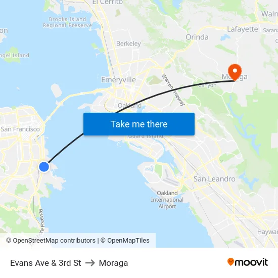 Evans Ave & 3rd St to Moraga map