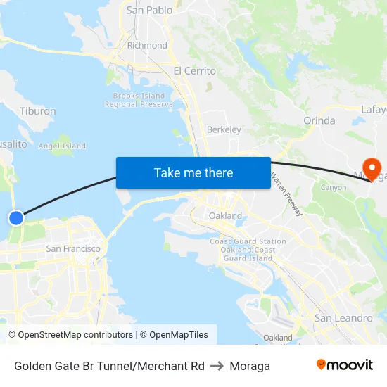 Golden Gate Br Tunnel/Merchant Rd to Moraga map