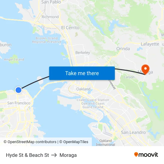 Hyde St & Beach St to Moraga map