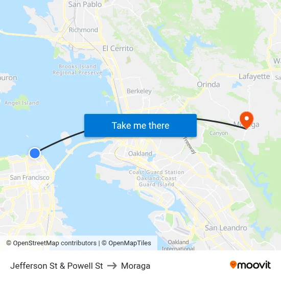 Jefferson St & Powell St to Moraga map
