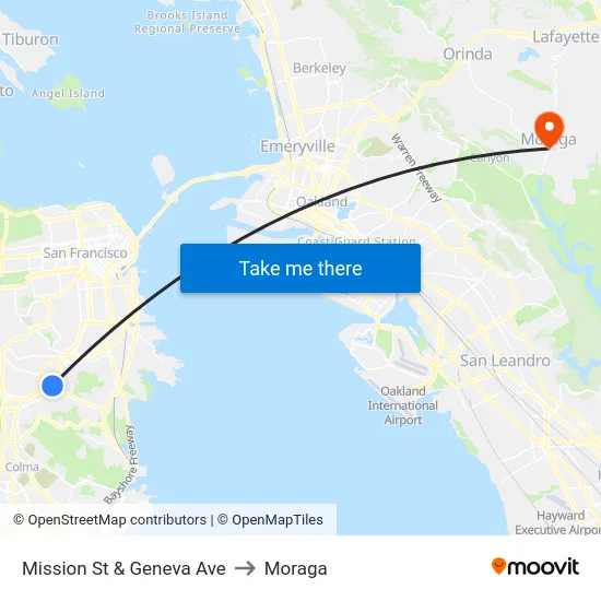 Mission St & Geneva Ave to Moraga map