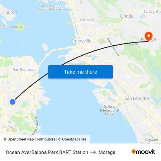 Ocean Ave/Balboa Park BART Station to Moraga map
