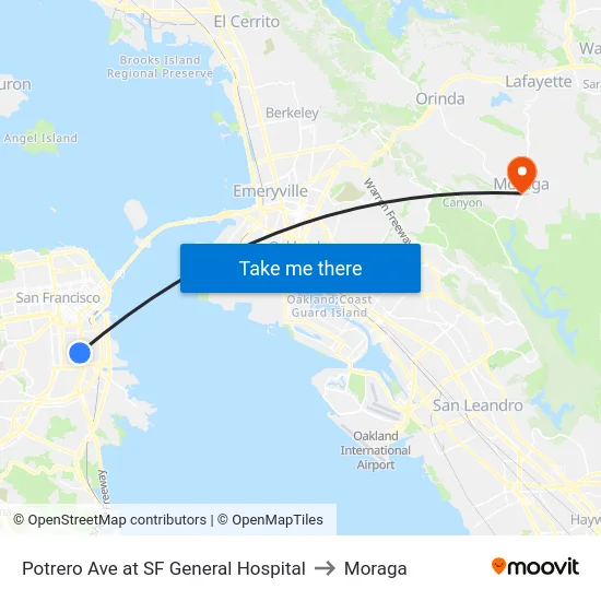 Potrero Ave at SF General Hospital to Moraga map