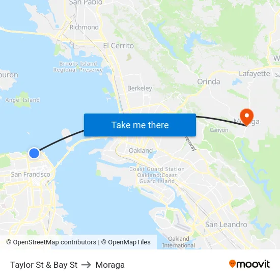 Taylor St & Bay St to Moraga map