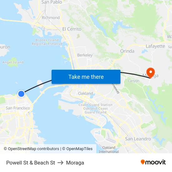 Powell St & Beach St to Moraga map